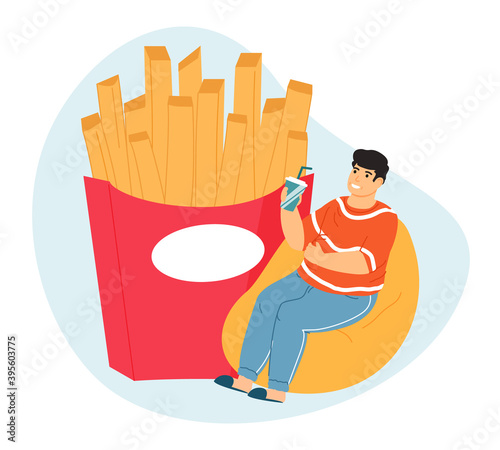 Obese man. Overeating leading to obesity, fat man with fast food, gluttony person trouble. Overweight fat guy vector illustration. Lazy boy sitting, drinking soda near french fries