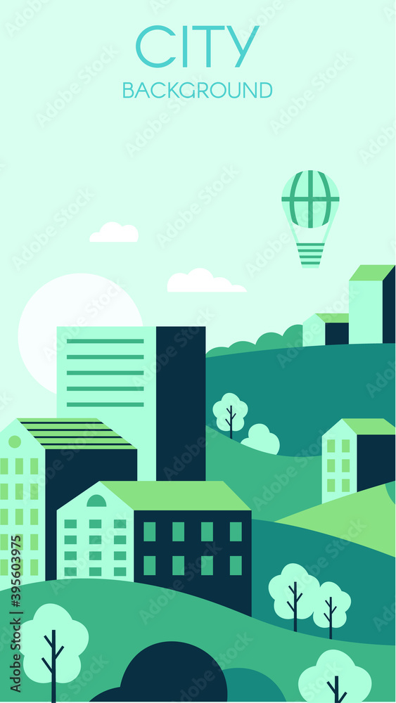 Green city background. Environmental protection concept flyer with urban town and nature. Hot air balloon flying in sky at dawn or sunrise. Clean city with greenery vector illustration