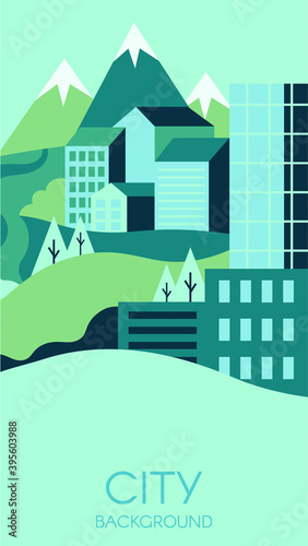Eco friendly city background. Contemporary buildings with wild green nature. High mountains and hills with modern houses. Environment or ecology protection, flyer vector illustration