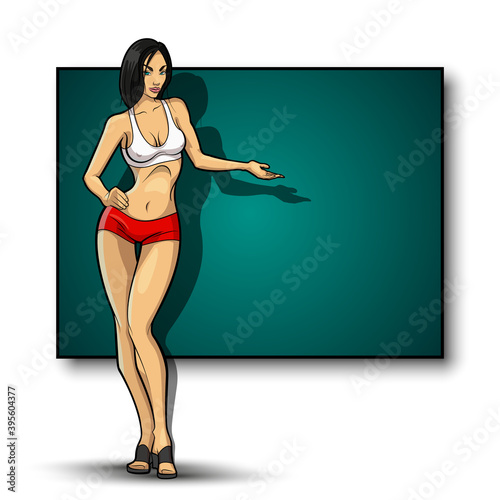 Slim girl on the background of an empty banner. Sexy woman in front of school board. Elegant lady on the background of pure advertising poster