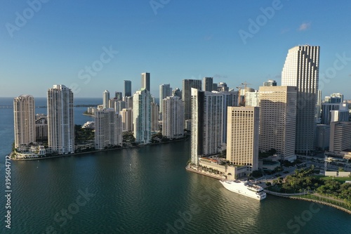 Miami  Florida - November 26  2020 - Aerial view of City of Miami and Bayfront Park on sunny autumn morning.