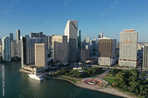 Miami, Florida - November 26, 2020 - Aerial view of City of Miami and Bayfront Park on sunny autumn morning.