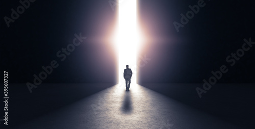 Man walking towards light. 3d rendering