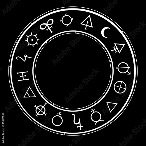 round frame with alchemical magic signs photo