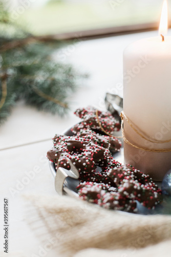 Gingerbread with chocolate icing and sugar pearls