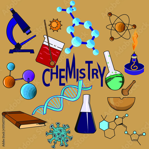 a set of objects related to the science of chemistry, such as test tubes, flasks, pestle, molecules, microscope, virus, atomic model, burner, DNA