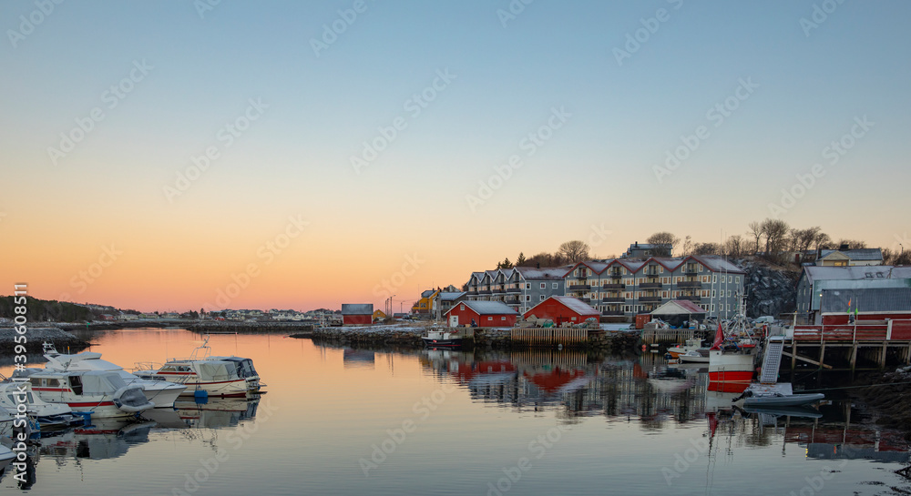 Sunset in the harbor Brønnøysund for fishing and leisure boats,Helgeland,Nordland ,Norway,scandinavia,Europe Sunset in the harbor Brønnøysund for fishing and leisure boats,Helgeland,Nordland ,Norway,scandinavia,Europe