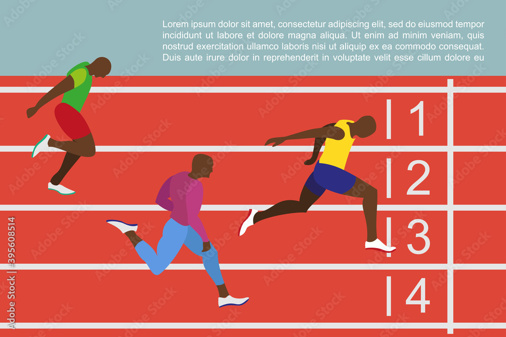 Obraz premium Running men profile picture. Hand drawn athletes runners in flat style art design illustrations. Sprinter sportsman runs to finish line drawing. Winner man wins the race on running track stadium