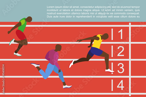 Running men profile picture. Hand drawn athletes runners in flat style art design illustrations. Sprinter sportsman runs to finish line drawing. Winner man wins the race on running track stadium