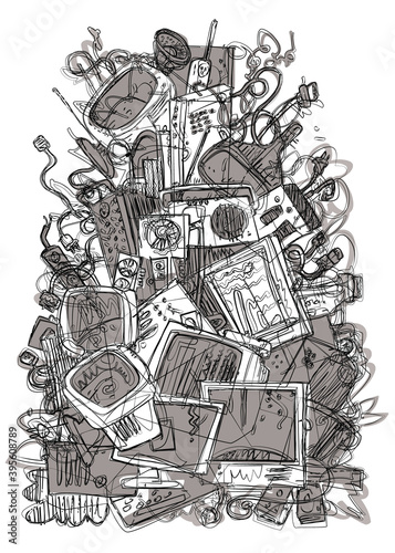 A big pile of electronic trash. Old and obsolete component and hardware pollute environment. Handmade sketch. Caricature.