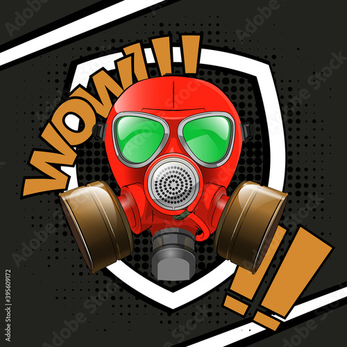 Gas mask respirator skull breather on comics style background. Protective radiation suit in comics badge. Breathing gas mask apparatus with two filters. Color illustration