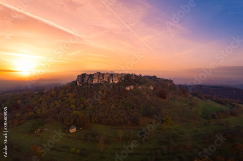 Aerial view of Staffelberg mountain during autumn sunset