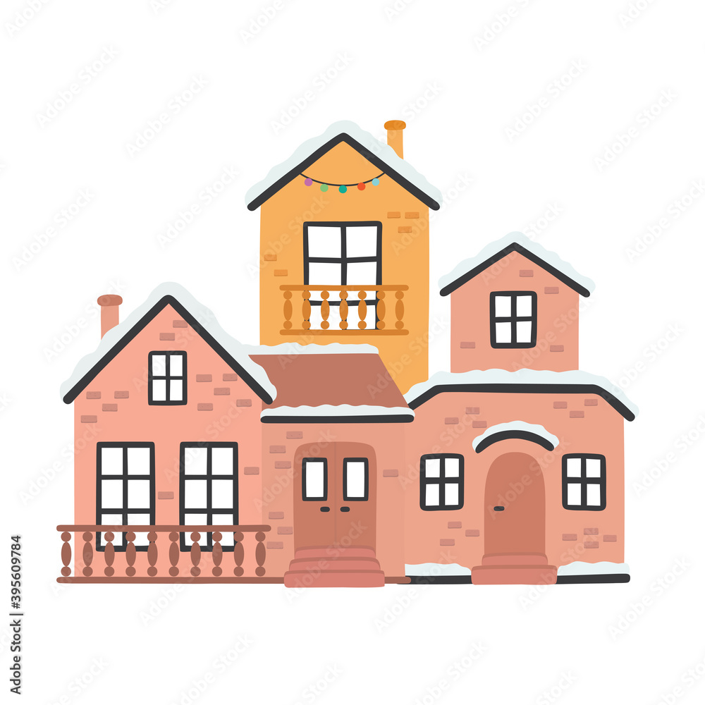 Cartoon winter houses. Vector illustration isolated on white background.