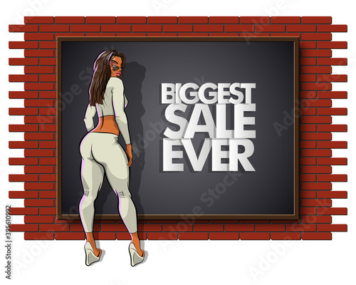 Slim girl on the background "Biggest sale ever" banner. Sexy woman in front of school board banner. Elegant lady on the background sale advertising poster. Advertising discount sale poster