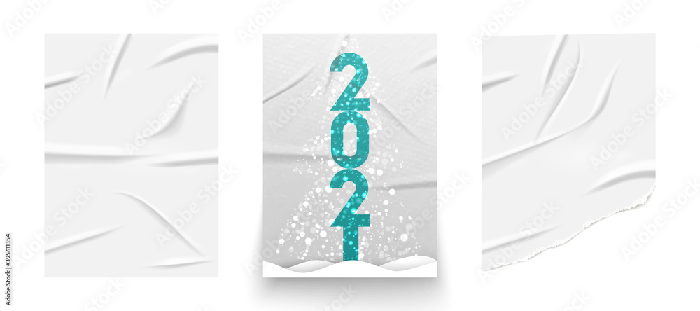 New year 2021 vector banner design. Minimalistic 2021 poster template. Old Glued paper placard torned edge. Happy new year greeting or invitation card. Wrinkled paper effect. Creased,crumpled style. 