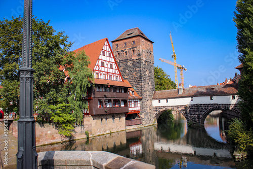 Beautiful old houses and bridges over the canals in Nuremberg  Bavaria  Germany