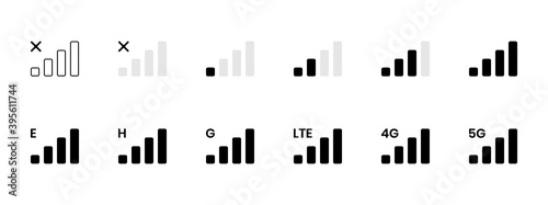 Signal reception bar collection of vector illustration. Mobile phone connection level icons. No signal, bad, lte, 4g and 5g network status. Strength indicator for interface, web app, ui photo