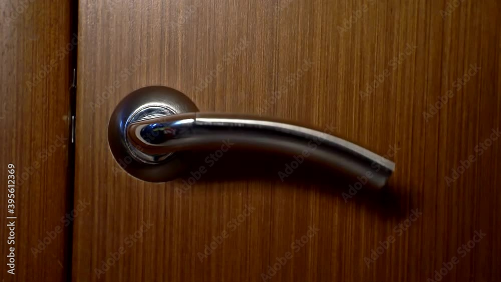 The door handle twitches, someone is trying to get in house. Closeup The door handle twitches, someone is trying to get in house. Closeup