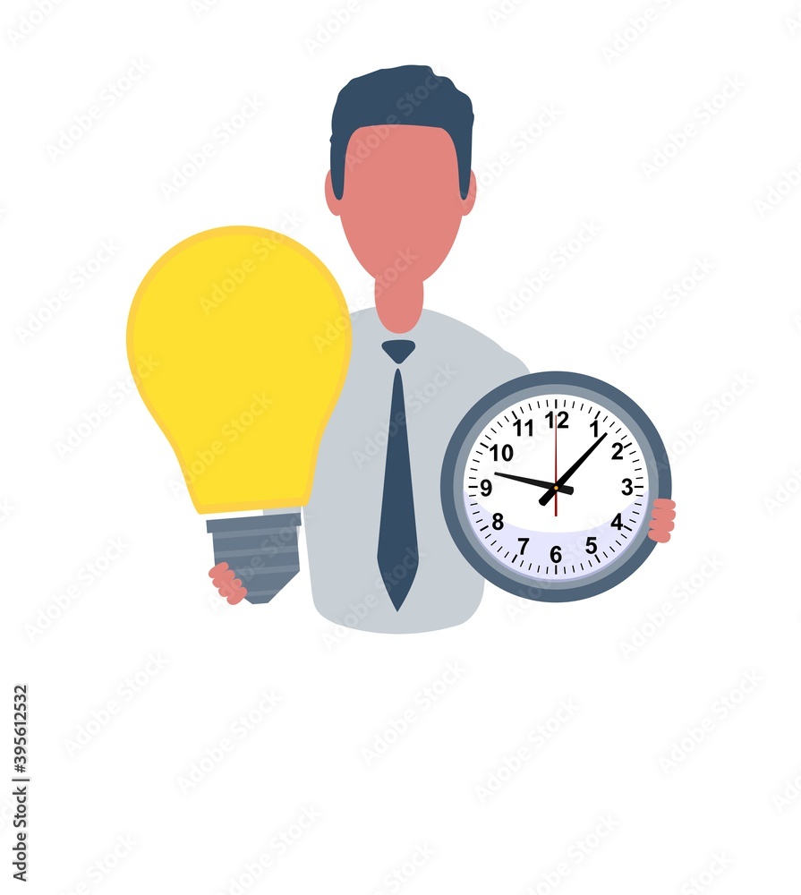 Businessman or clerk holding a clock and a lightbulb. Male character in simple style with objects, flat vector illustration. Business concept. Isolated on white background. Businessman or clerk holding a clock and a lightbulb. Male character in simple style with objects, flat vector illustration. Business concept. Isolated on white background.