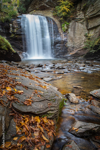 Colorful fall leaves accent Looking Glass Falls in Pisgah Forest.tif photo