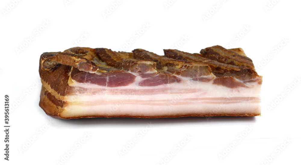 Smoked bacon isolated on white background.