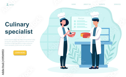 Culinary specialist. Male and female characters professional chefs making block of cheese. Cooker in professional uniform, holding a cheese slice. Website, landing page template. Vector illustration