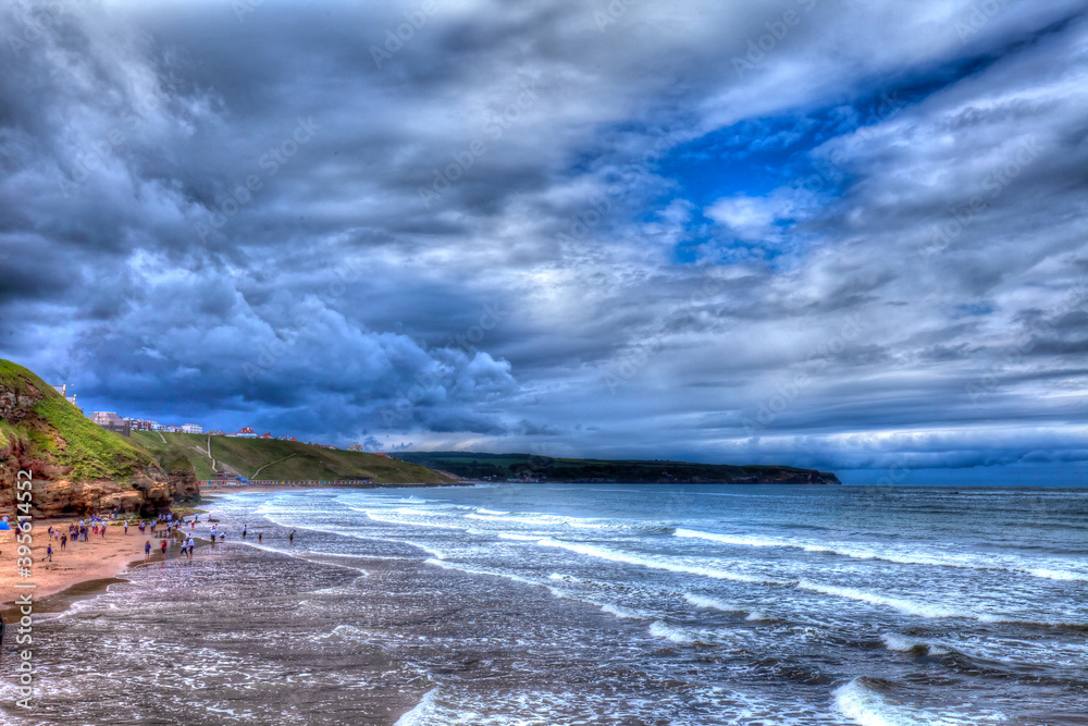 View of North Sea coast in Whitby, Yorkshire, Great Britain.