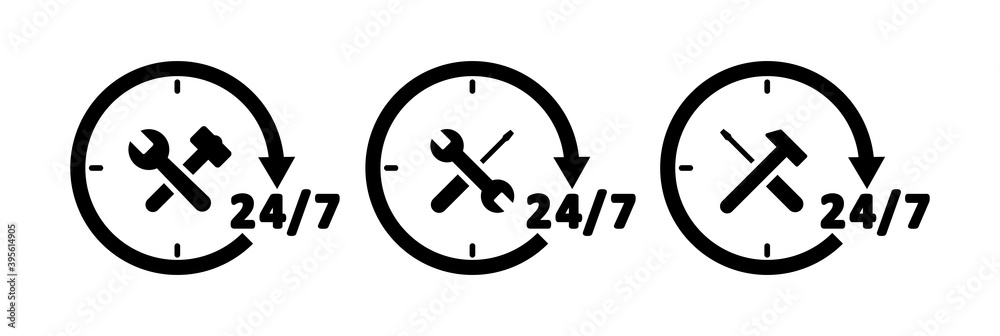 Car service around the clock, 24 hours. 24/7 car service set of signs. Car service logotype. Vector illustration.