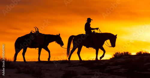 horse and rider cowboy silhouette at sunset western rider in western tack against red orange sky