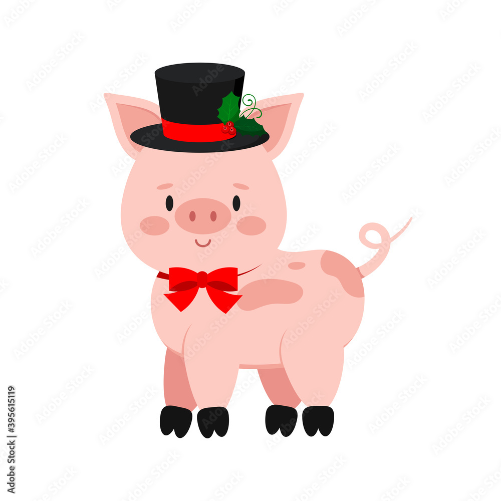 Cute christmas pig with curly tail isolated on white background. Funny x-mas farm little pig icon with snowman hat and bow tie. Flat design cartoon style vector animal character illustration. Cute christmas pig with curly tail isolated on white background. Funny x-mas farm little pig icon with snowman hat and bow tie. Flat design cartoon style vector animal character illustration.