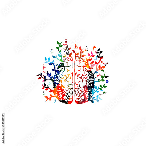 Colorful human brain with Arabic Islamic calligraphy symbols vector illustration. Brainstorming, creative thinking, education, learning and teaching. Career and development, courses and trainings