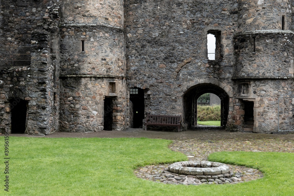 The courtyard and entrance to the ruins of Balvenie Castle near Dufftown in Scotland, United Kingdom