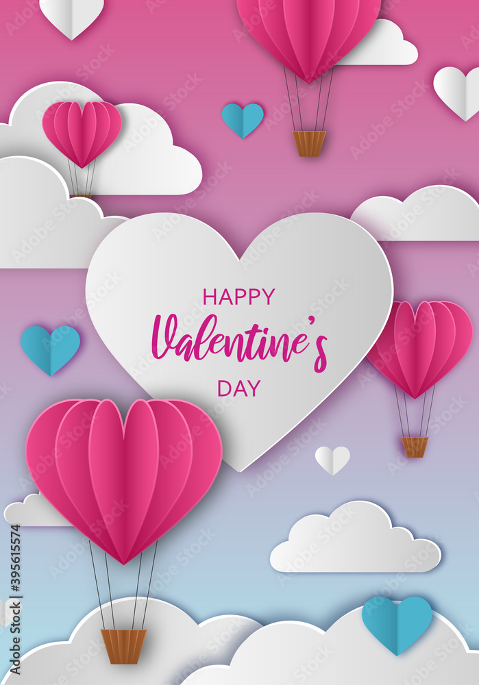 valentine's day greeting card with clouds and heart shaped hot air balloons	