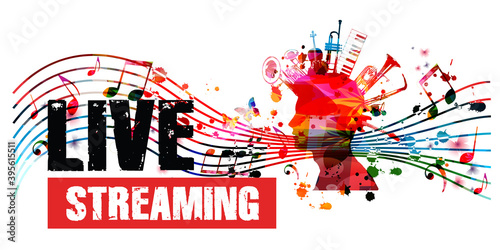 Colorful music promotional poster background with musical notes and instruments isolated vector illustration. Live streaming banner for music festivals, shows and concert events