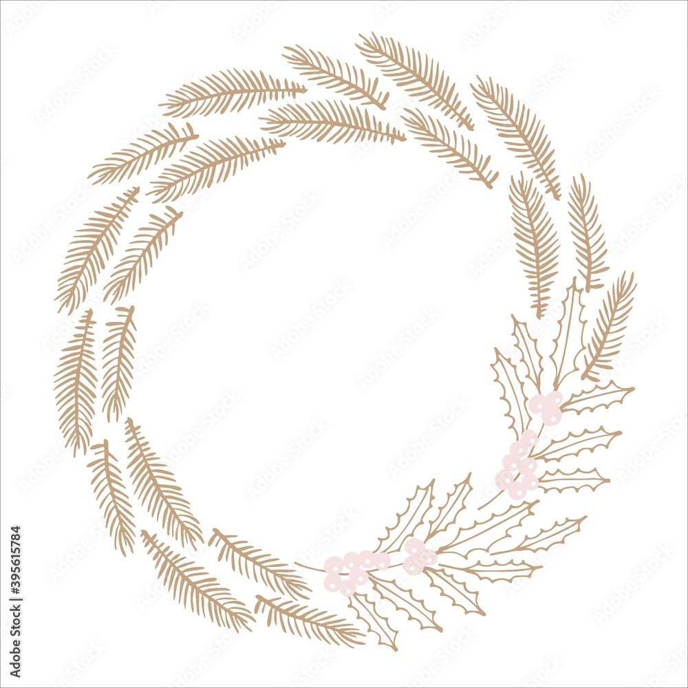 Frame with Gold Christmas tree branches and Holly Berry. Evergreen branches wreath with place for date, inscription, text. Illustration For your greeting cards, banners, invitation, announcements Frame with Gold Christmas tree branches and Holly Berry. Evergreen branches wreath with place for date, inscription, text. Illustration For your greeting cards, banners, invitation, announcements