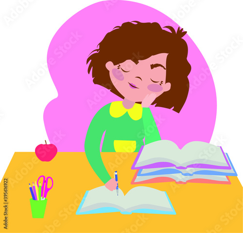 teacher correcting homework with a stack of notebooks on her desk