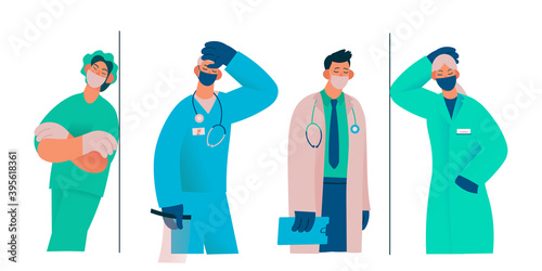 Tired overworked doctors, nurses, paramedics, vector flat isolated illustration. Exhausted Healthcare workers. Coronavirus pandemic, Covid-19 quarantine. Flat cartoon vector illustration.