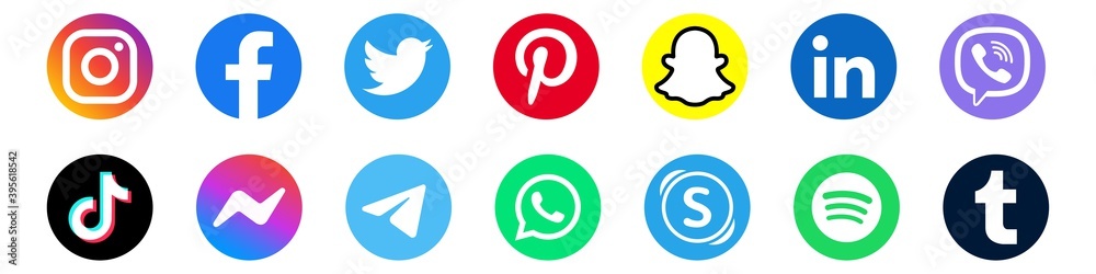 Instagram, facebook, twitter, viber, tiktok, messenger icons. Pinterest