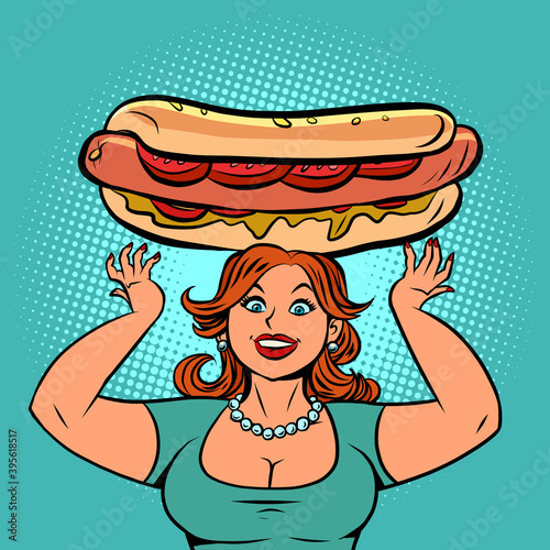 Funny woman with a big hot dog