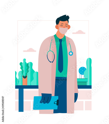 Tired overworked doctor in his office. Exhausted Healthcare worker. Coronavirus pandemic, Covid-19 quarantine. Flat cartoon vector illustration.