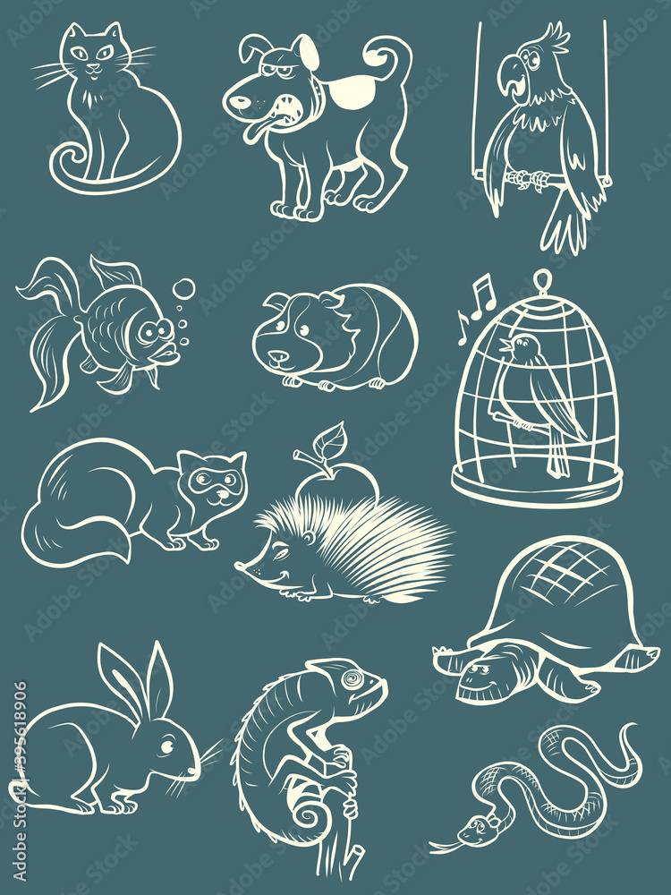 Pets animals collection set icons symbols sketch hand drawing Pets animals collection set icons symbols sketch hand drawing