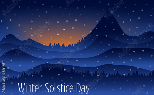Vector illustration of The longest night in the year. Winter solstice day in December the 21. Greeting card design template. The dark sky with sunset or sunrise.
