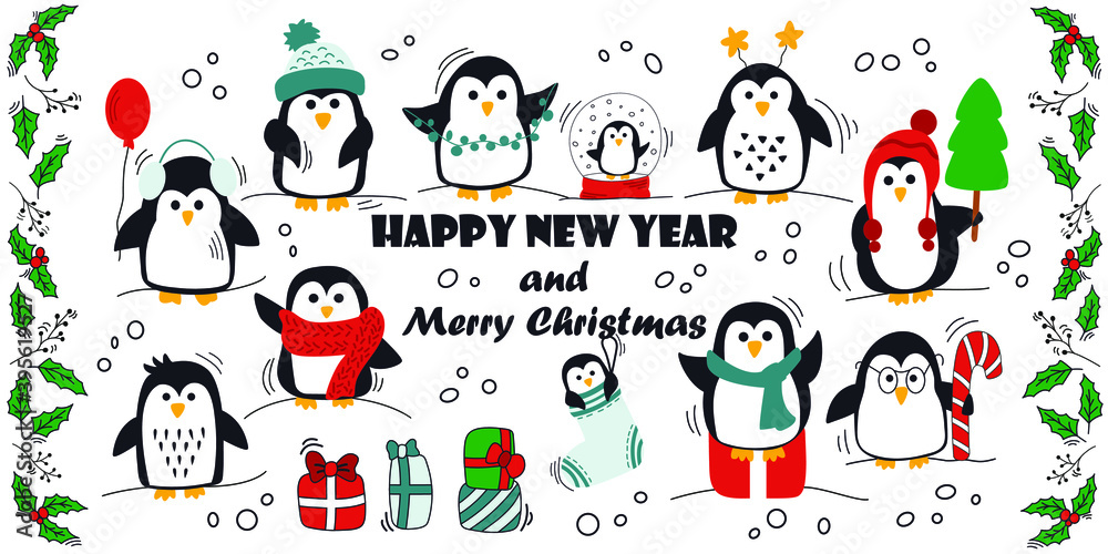 Hand-drawn cute penguins collection. Vector illustration for congratulations
Happy New Year and Merry Christmas.
Set of penguins, gifts and winter twigs isolated on a white background.