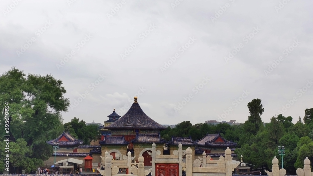 Sanyinshi. Temple of heaven. Building in the Chinese style. Towers in the park. UNESCO. Beijing. China. Asia