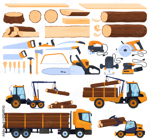 Woodworking industry, Boards, logs. Tools for woodworking. Transport for logging. Loading, timber transportation. isolated vector illustration