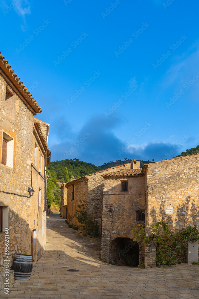 Traditional small historical Village Llaberia in the countryside Catalonia, Serra de Llaberia. Tarragona, Catalonia, vertical