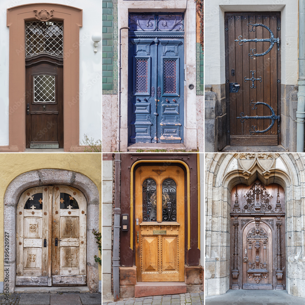 Old wooden doors with beautiful metal and wood trim in the historical part of various European cities