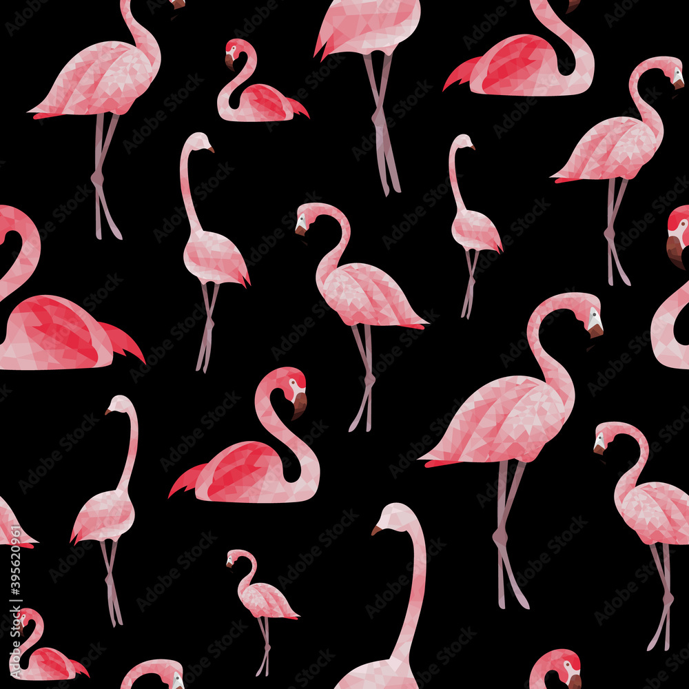 Obraz premium Vector seamless pattern Flamingos on black background. For decoration, cover, textile