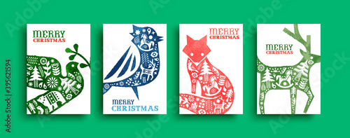 Merry Christmas watercolor folk animal card set