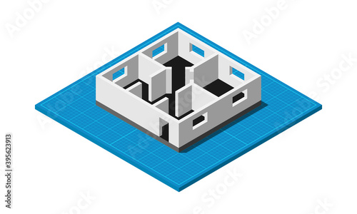 Isometric blueprint house floor plan simple flat vector illustration.